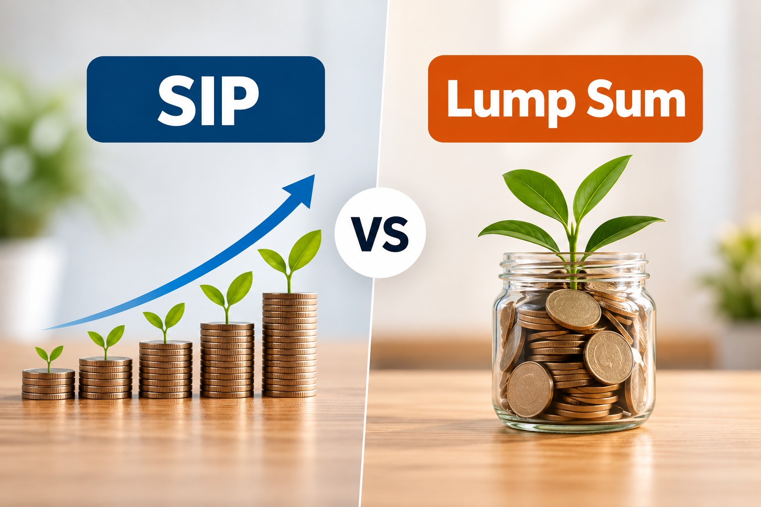 SIP vs lump sum investment comparison showing regular investing, one-time investment, market risk, returns and mutual fund options.